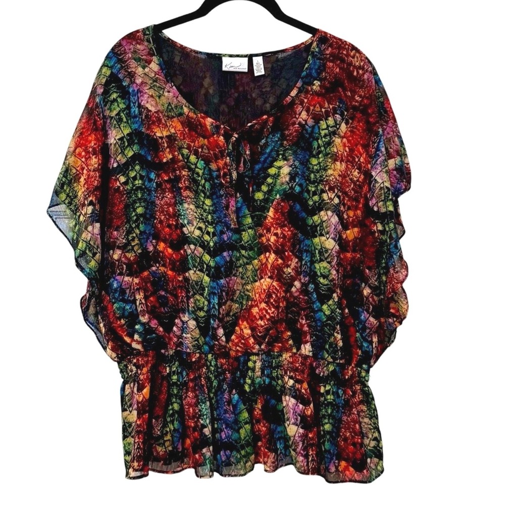 Kim Rogers Blouse Multicolor Boho Geometric Flutter Sleeve Peplum Womens Large‎